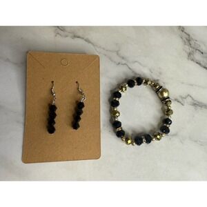 handmade beaded‎ dangle earrings and bracelet set black and gold tone